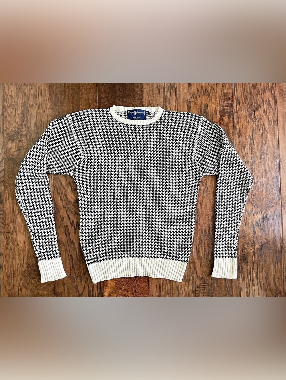 Ralph Lauren Houndstooth Silk Sweater in Black & Cream Size Small